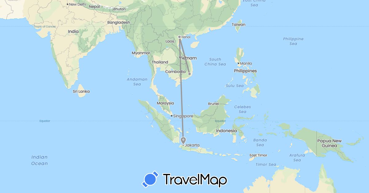 TravelMap itinerary: driving, plane in Indonesia, Vietnam (Asia)